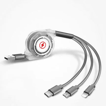 Black telescopic 3-in-1 charging cable extended to full 120cm length, showing three connector tips.