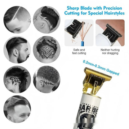 Rechargeable stainless steel hair clipper with USB cable and four attachment combs on a white background.