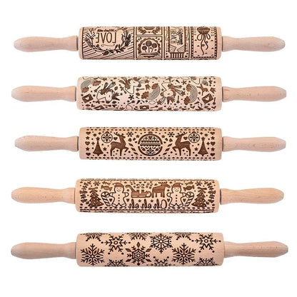 Beautifully engraved Christmas snowflake-patterned rolling pin for creating intricate designs on cookies, pastries, and soft candies