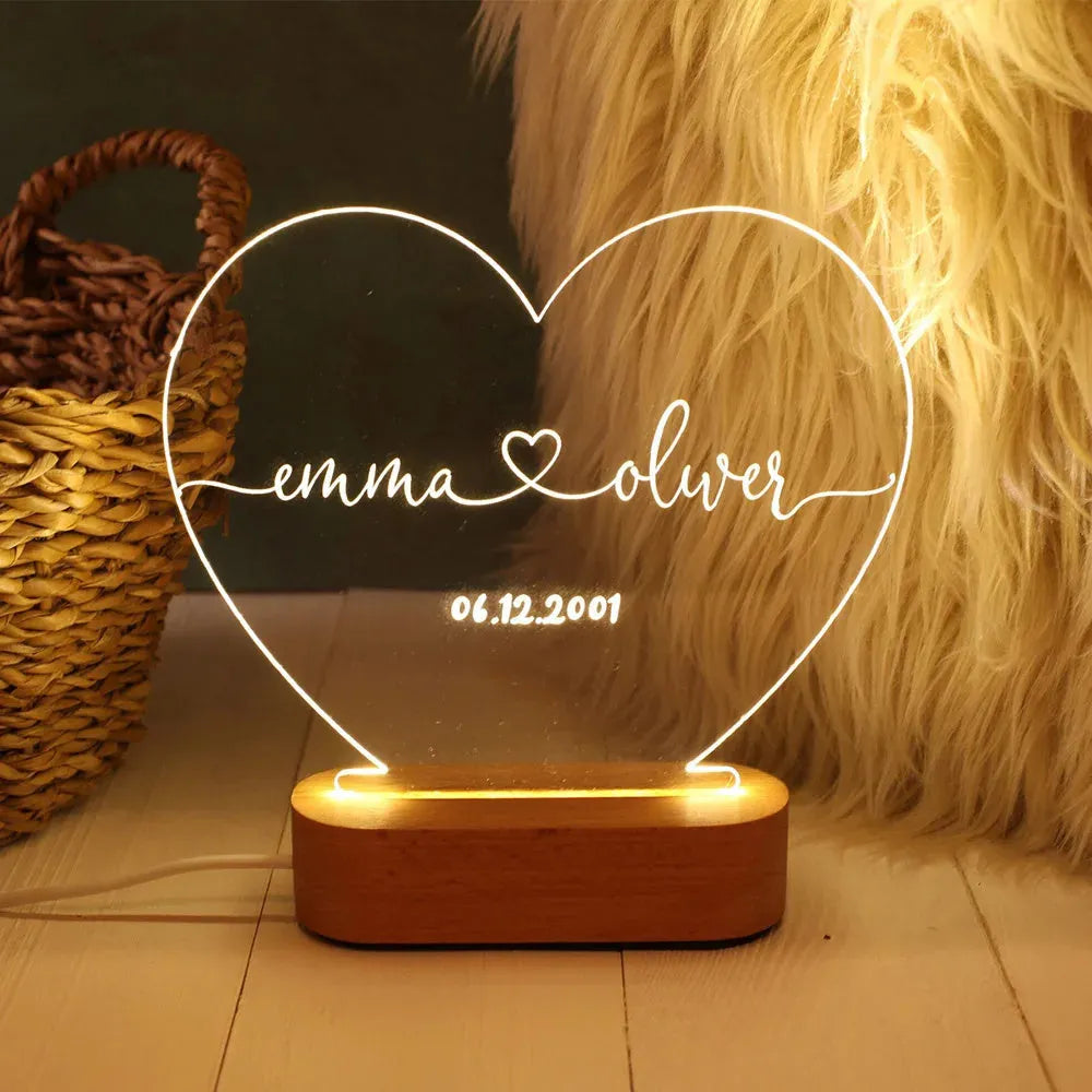 Custom LED night light with 20cm x 11.5cm acrylic plate displaying personalised text, USB powered for bedroom decor