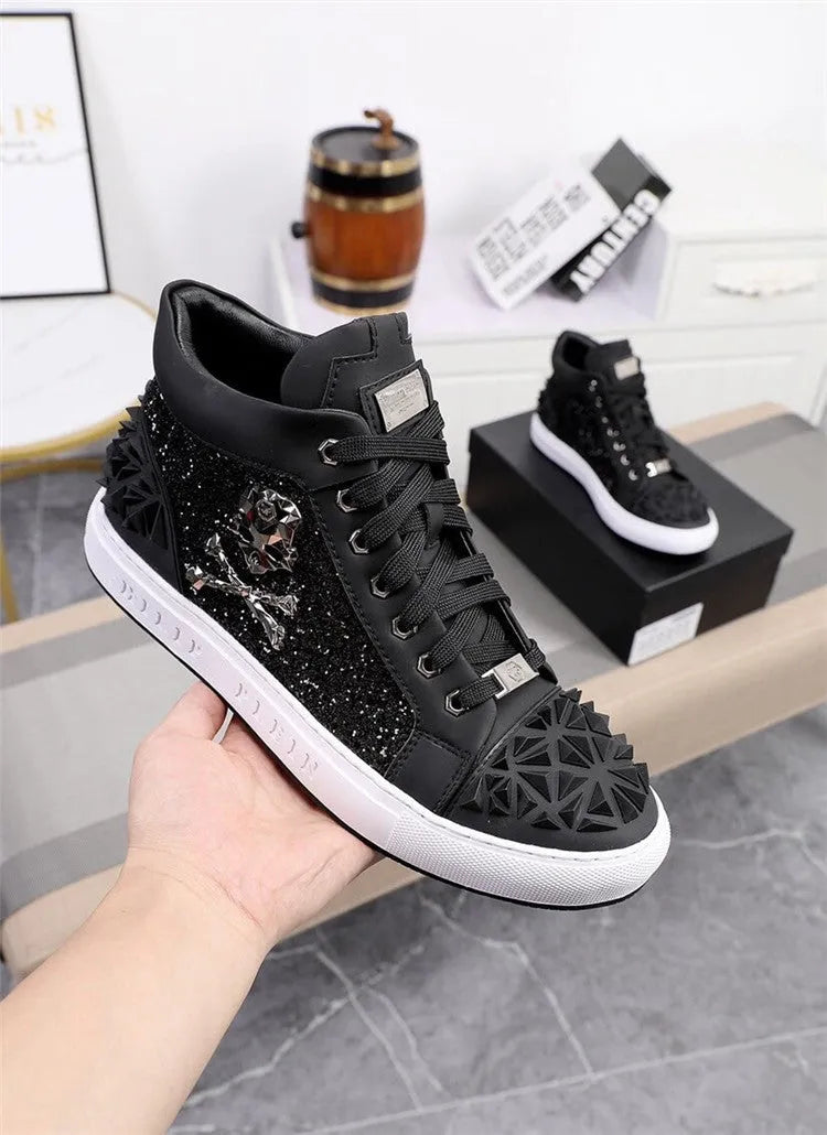Men's black high-top skeleton shoes with genuine leather uppers, sheepskin lining, and rubber sole on a neutral background
