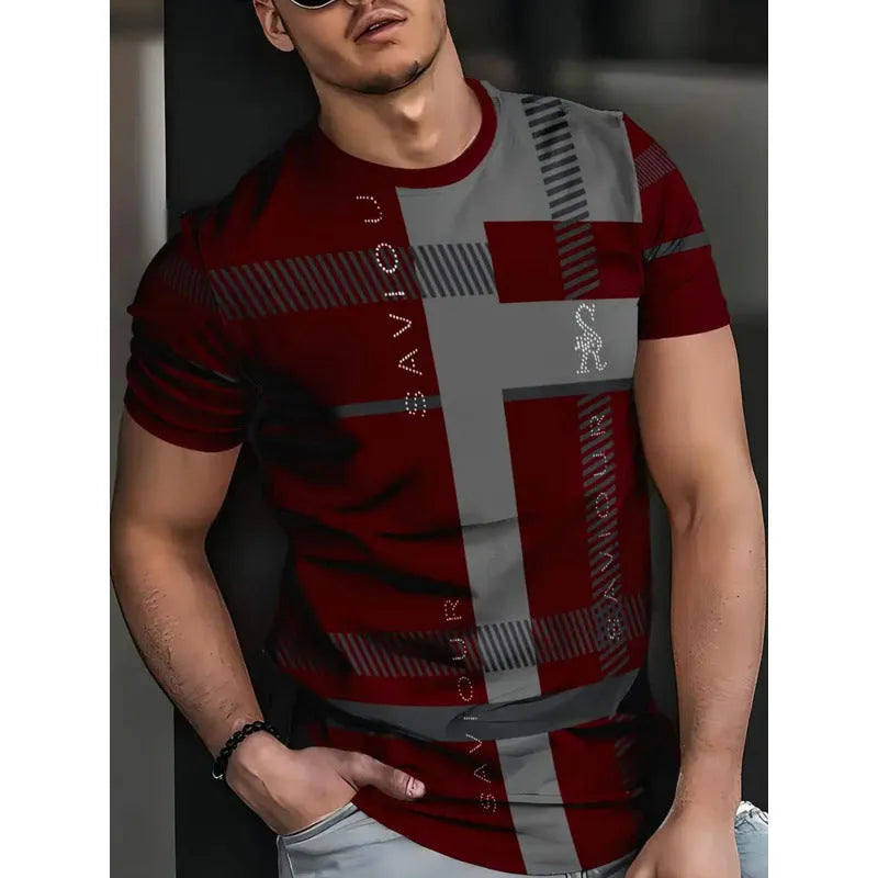 Men's striped casual T-shirt with digital 3D printing in loose fit short sleeve design