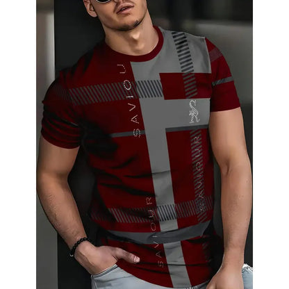 Men's striped casual T-shirt with digital 3D printing in loose fit short sleeve design
