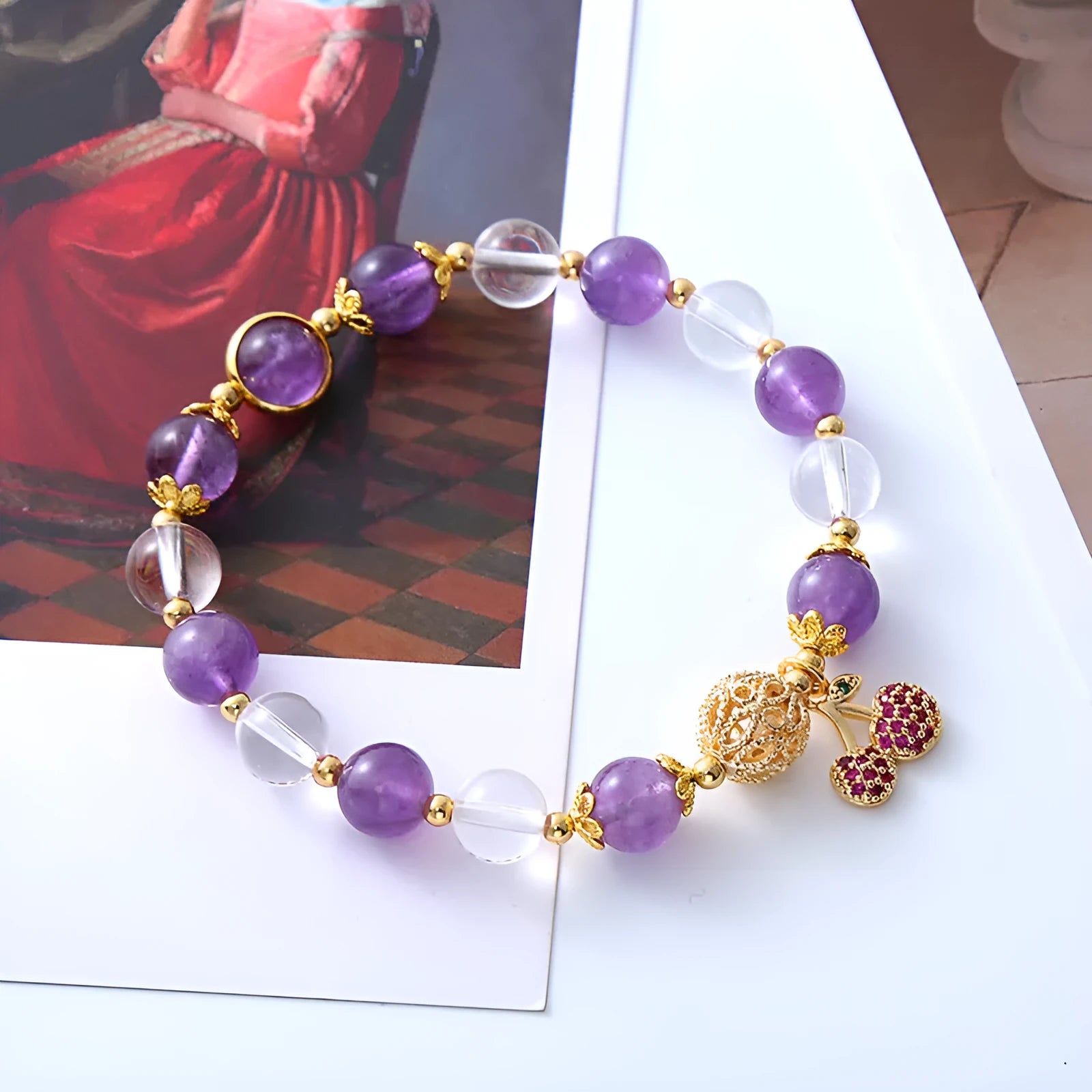 Purple crystal bracelet with micro-inlaid amethyst details and cherry flower design for women