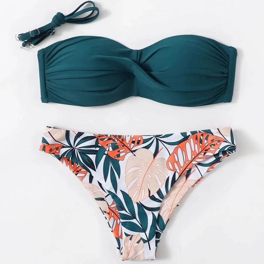 Women's fluorescent green split push-up hard cup bikini swimsuit set with matching briefs.