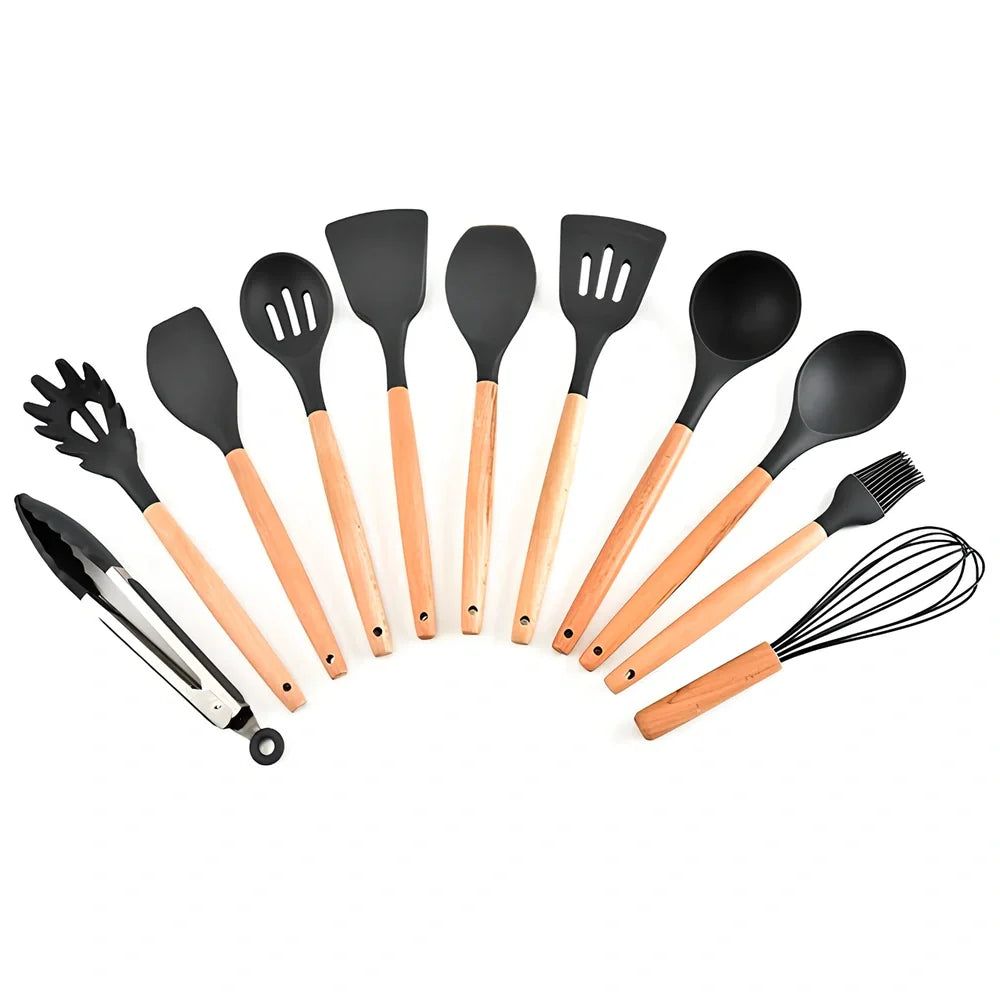 11-piece silicone kitchen utensil set with beech wood handles including cooking spoons and shovels