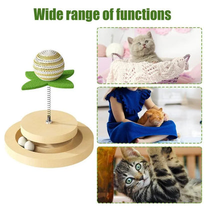 Green sisal scratching pad cat toy with rotating ball track and spring elements for indoor feline play