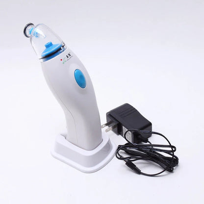 A compact, white vacuum sealing machine with various plug adapters for the UK, US, and EU markets.