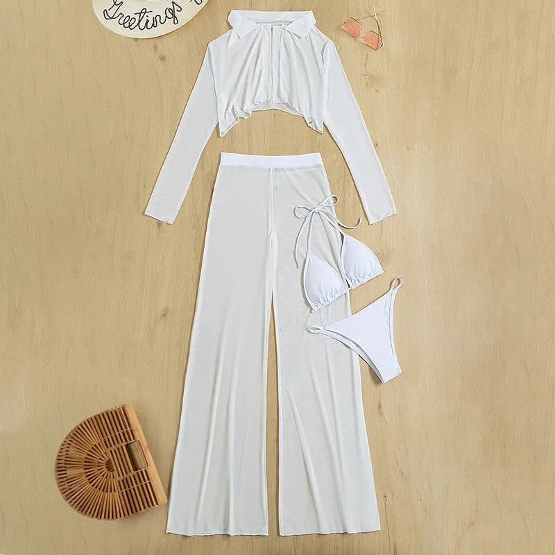 White women's high-waist backless swimsuit four-piece set on a hanger.