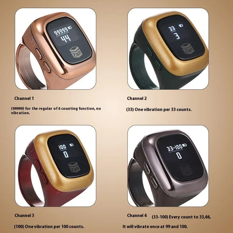 Al-Fatiha black electronic zikr counter on wrist showing digital display, with rose gold and silver colour options visible.
