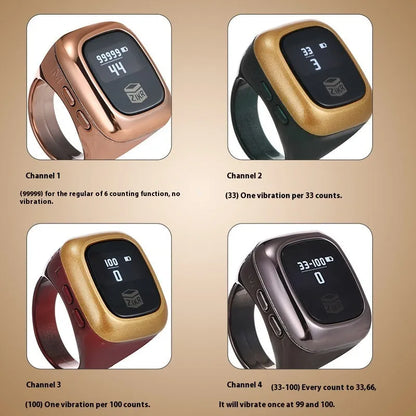 Al-Fatiha black electronic zikr counter on wrist showing digital display, with rose gold and silver colour options visible.