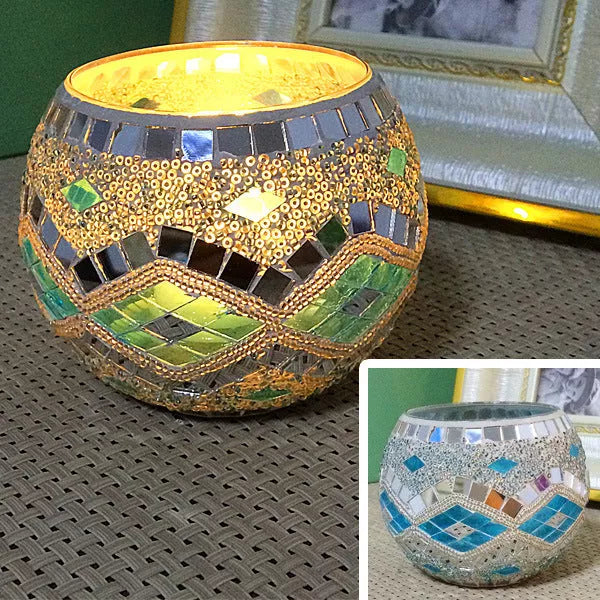 Mosaic glass candle holder in vibrant colors with elegant mosaic pattern