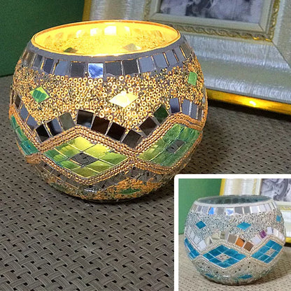 Mosaic glass candle holder in vibrant colors with elegant mosaic pattern