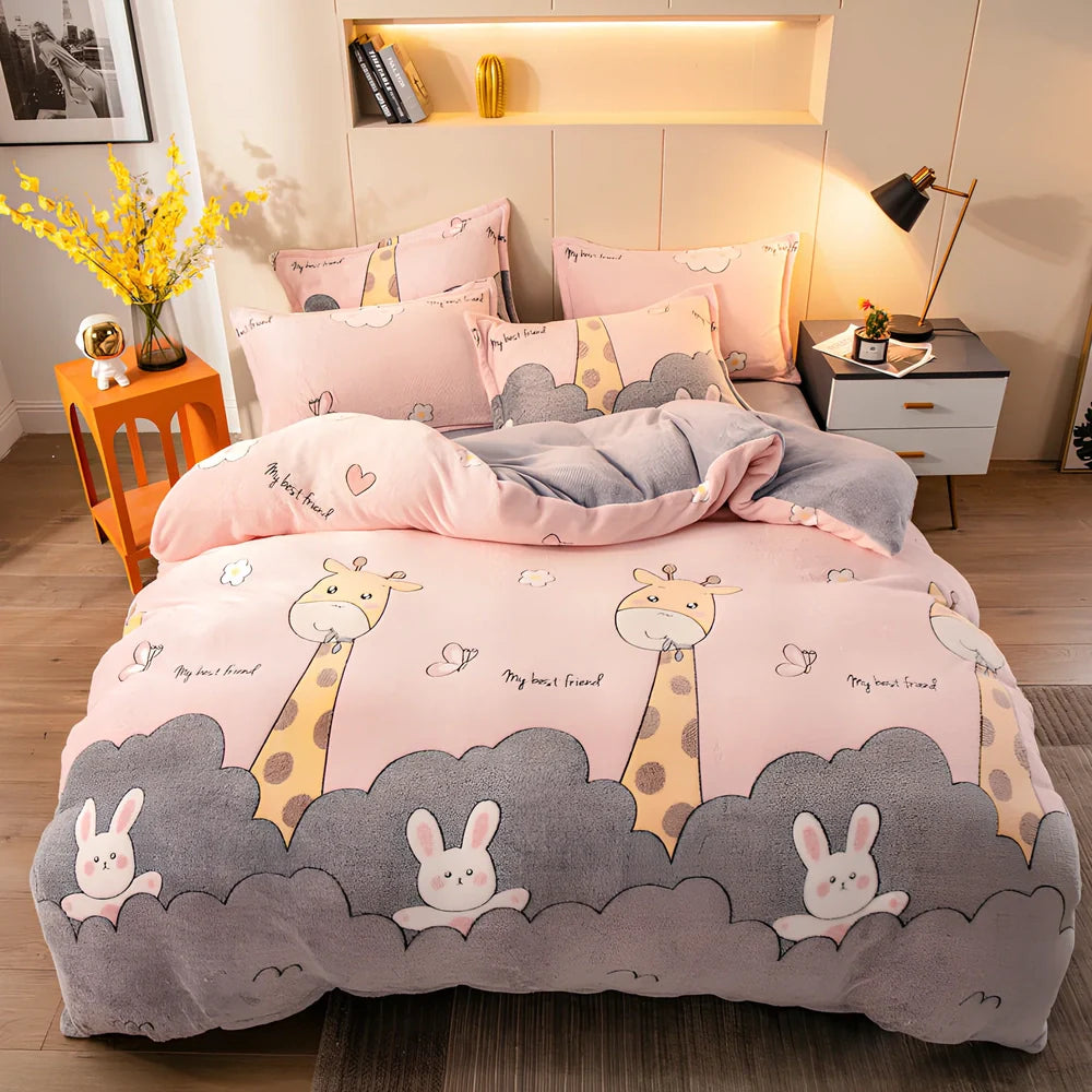 Four-piece velvet bedding set with quilt cover, bed sheet, and pillowcases for 1.8m bed in Bunny colour