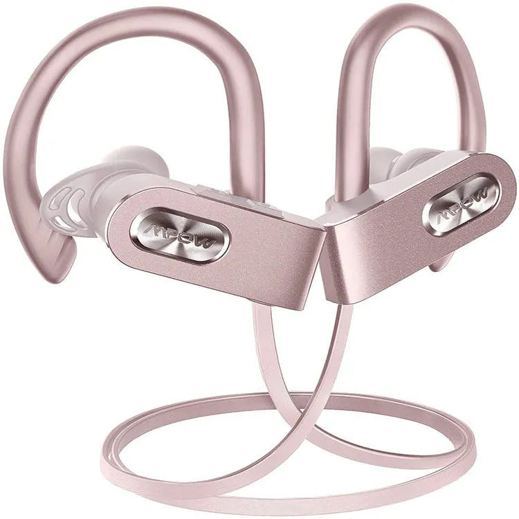 Red hanging ear Bluetooth wireless headset with microphone showing earpiece design