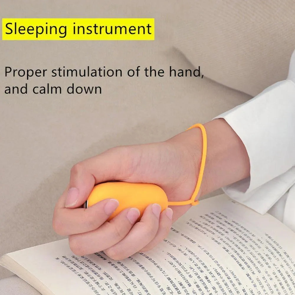 Hand-held micro-current sleep aid device in grey, green, and orange colour options