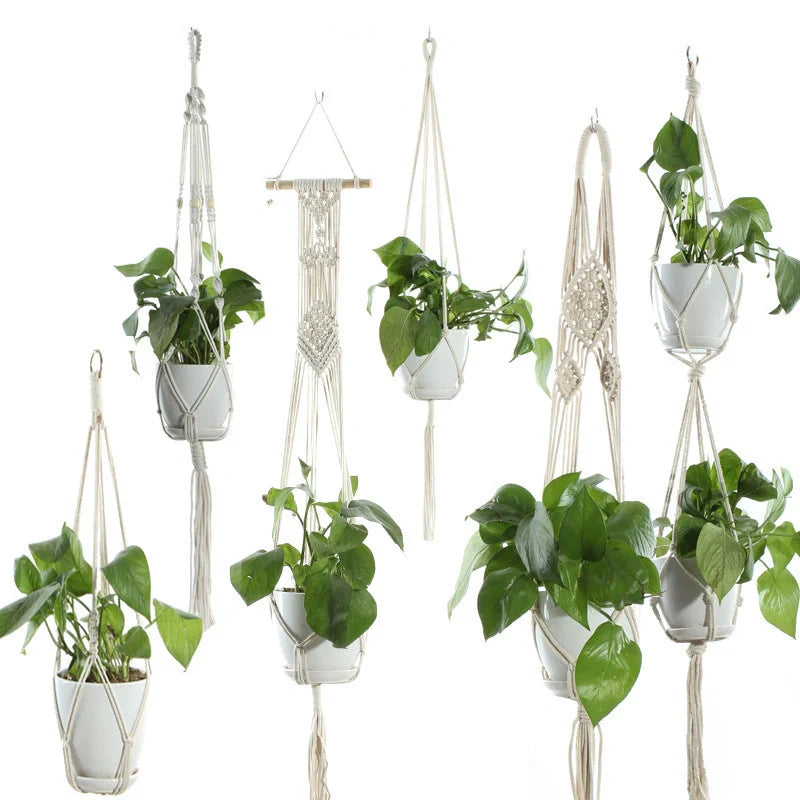 Beige cotton rope hanging basket with various styles for indoor plant display