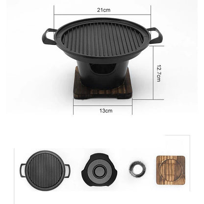 Compact tabletop barbecue grill with dual alcohol burners, made of durable aluminum with a nonstick cooking surface