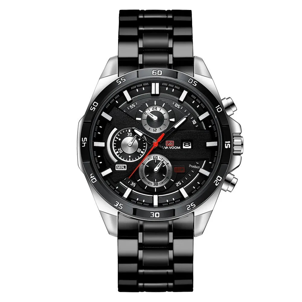 Men's business calendar waterproof quartz watch showing nine colour variants with 10mm thickness