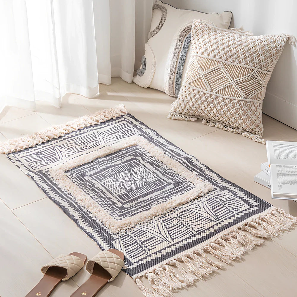 Personalised cotton geometric pattern rug measuring 60x90cm with 8cm pile height in minimalist design