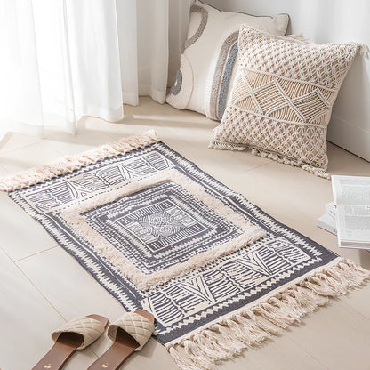 Personalised cotton geometric pattern rug measuring 60x90cm with 8cm pile height in minimalist design