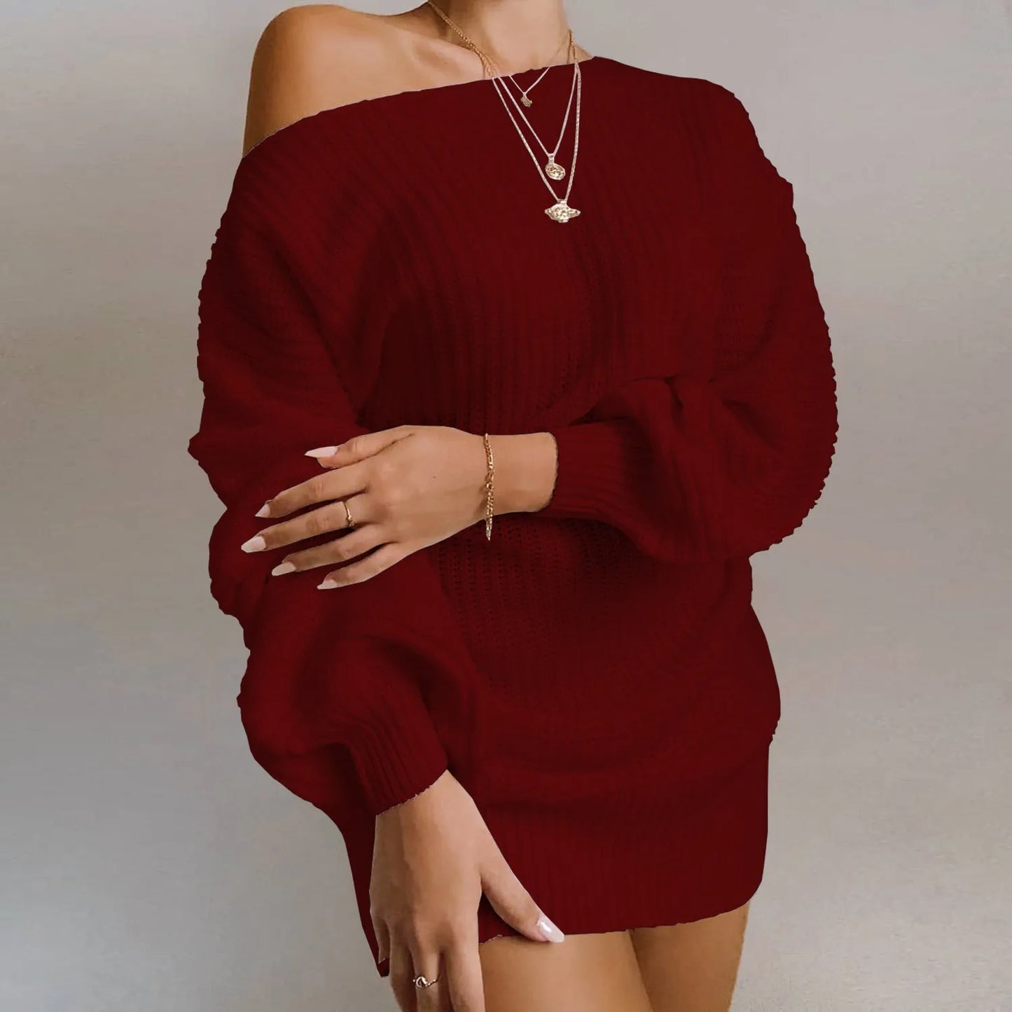 Women's off-shoulder knitted dress with lantern sleeves in soft acrylic fabric in wine red colour