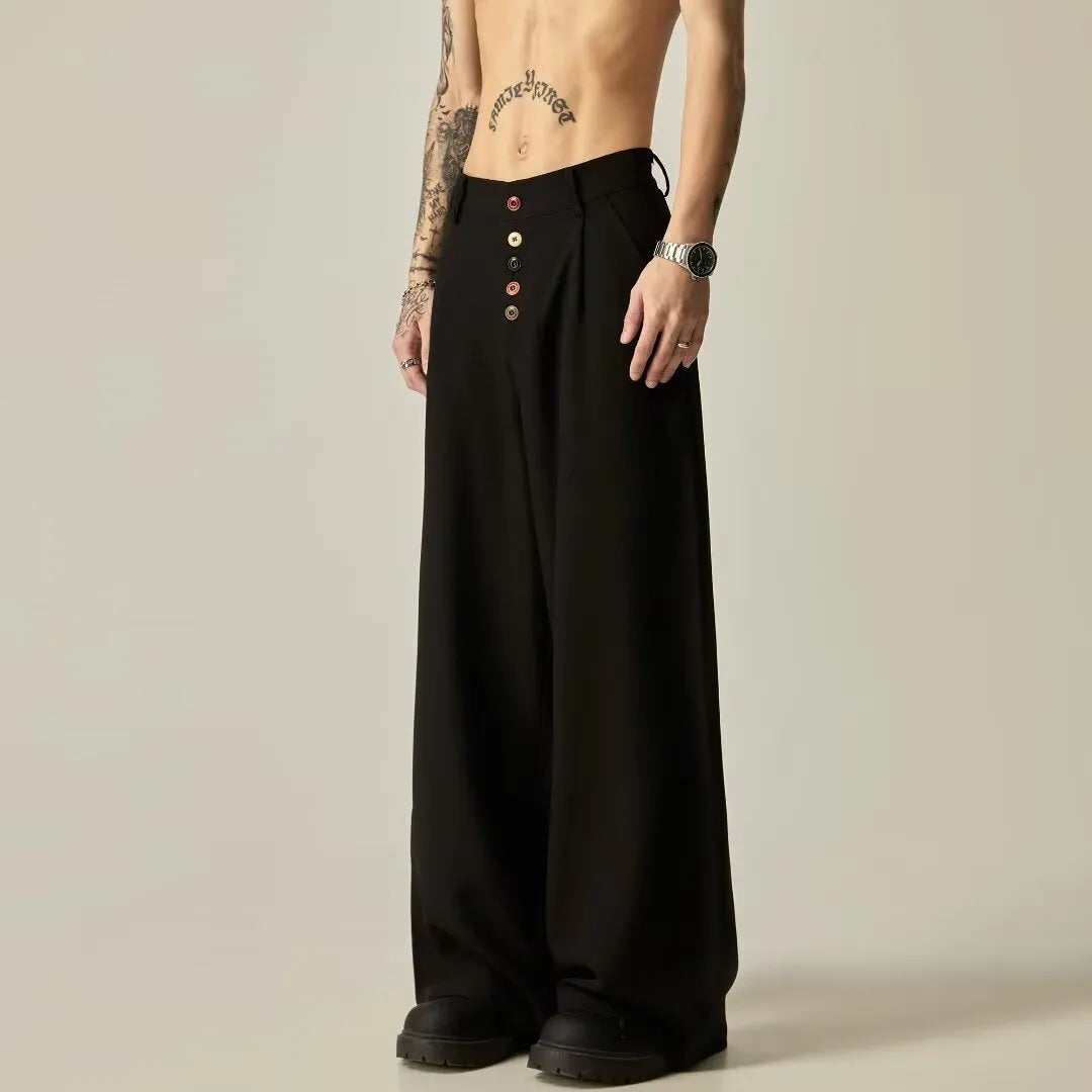 Men's black cotton blend vertical tube trousers with straight-leg design and micro-elastic waistband