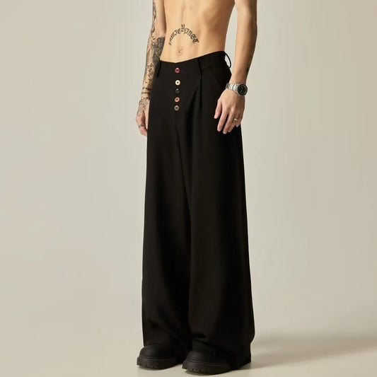 Men's black cotton blend vertical tube trousers with straight-leg design and micro-elastic waistband