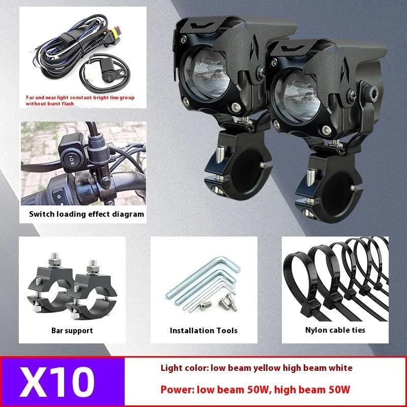 Motorcycle and car LED spotlight kit with integrated lens, wireless remote switch, and mounting brackets.