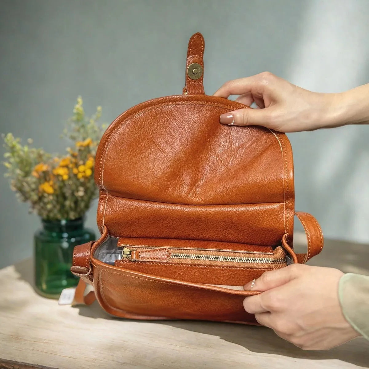 Genuine leather messenger bag in brown colour showing flap closure and textured cowhide material