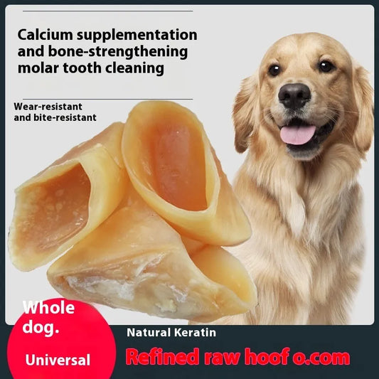 Natural cowhide dog grinding rod with hoof shell colour containing edible cutin, shown in small and large size options