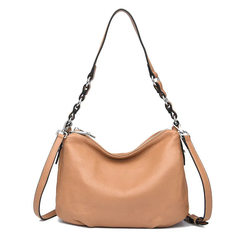 Genuine leather women's crossbody shoulder bag 30x8x21cm in apricot, black, or gray with double strap