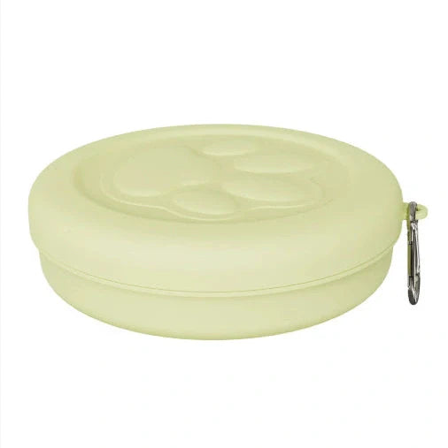 Collapsible dog food bowl showing expanded and folded positions with leak-proof silicone base