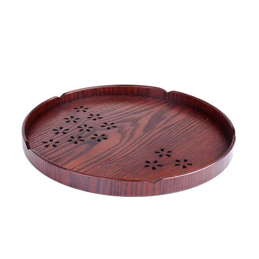 Wooden Japanese dessert plate with hollow cherry blossom pattern, 30cm diameter