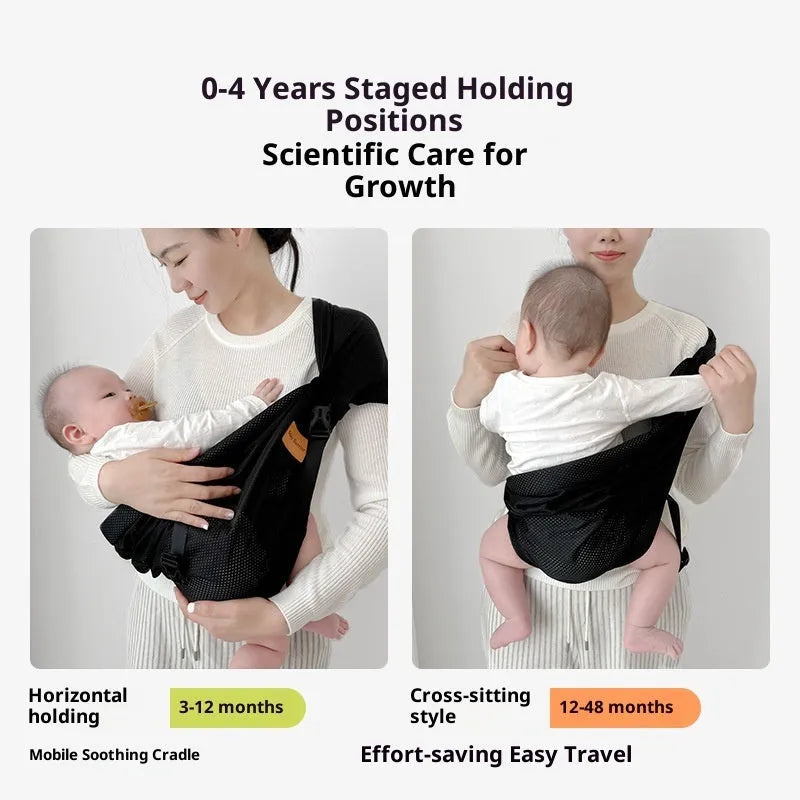 Breathable front baby sling in beige, size M, 9kg max load, multi-functional strap for 0-48 months
