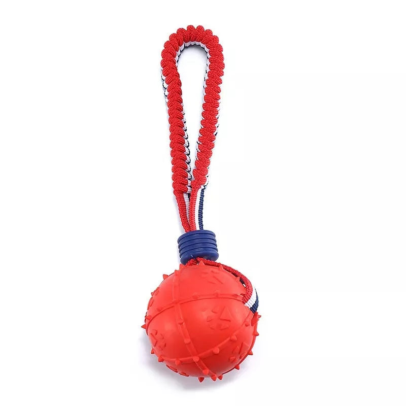 Interactive dog toy ball with rope for teeth cleaning and training