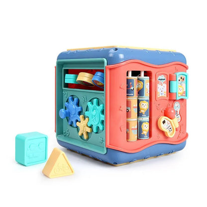 Colourful baby educational hexahedron toy cube with bead maze, gears, car track, clock, butterfly, and number tray.