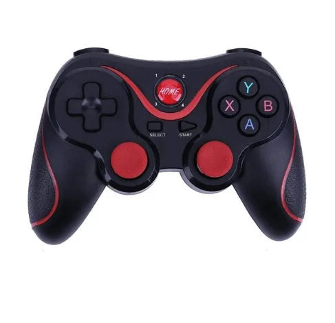 Upgraded X3 Bluetooth wireless game controller with mobile phone clip attached, showing textured grips and button layout