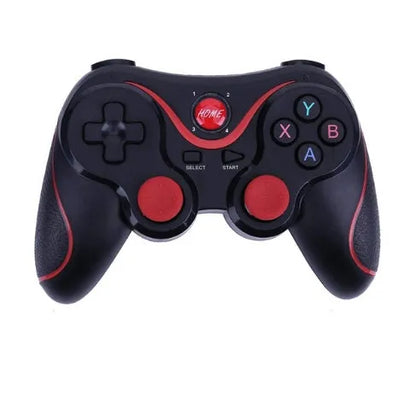 Upgraded X3 Bluetooth wireless game controller with mobile phone clip attached, showing textured grips and button layout