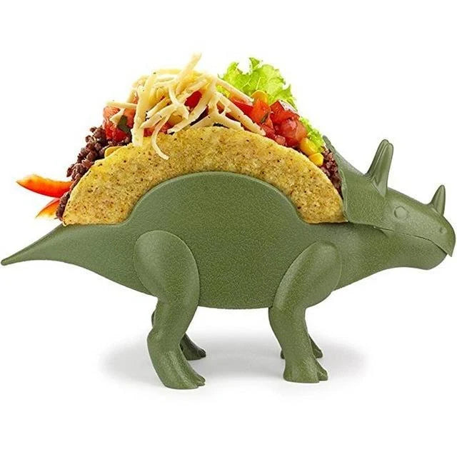 Dinosaur-shaped taco holder in food-grade ABS plastic, available in Army Green, Light Green, and Pink