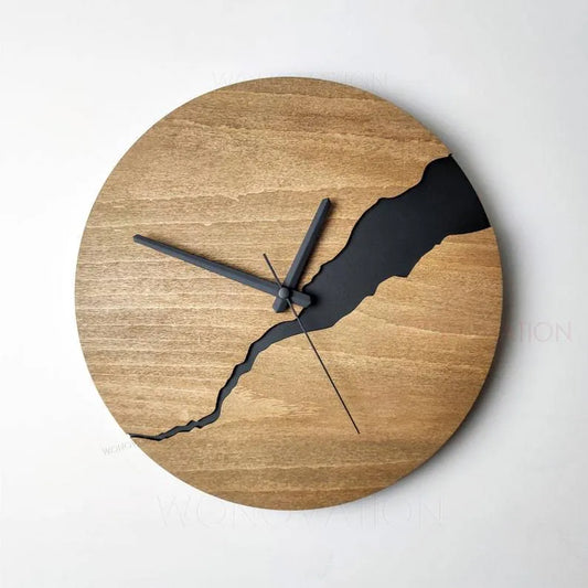 Modern wooden wall clock with crack finish surface in circular design showing time markers