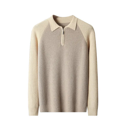 Men's wheat camel half zip wool sweater with contrast lapels, slim fit winter pullover
