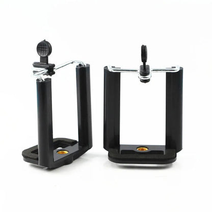 Black plastic U clip mobile phone holder attached to a hose, measuring 8cm by 5cm