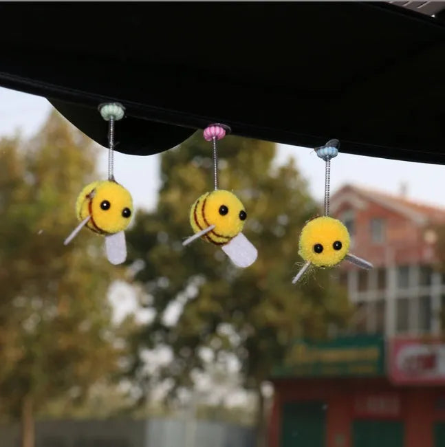 Cartoon Little Bee car decoration with swing spring, 3x3cm fur ball ornament