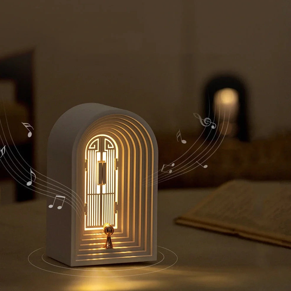 Nordic LED table lamp in grey with Bluetooth speaker, dimmable warm white light, 124x90x205mm dimensions