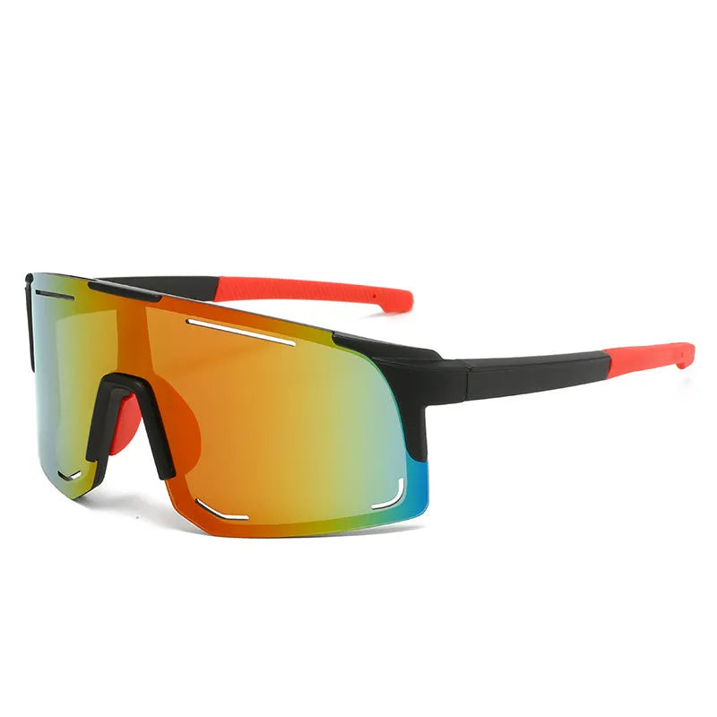 Square cycling sunglasses in black, blue, green, pink, or white frame with various lens films