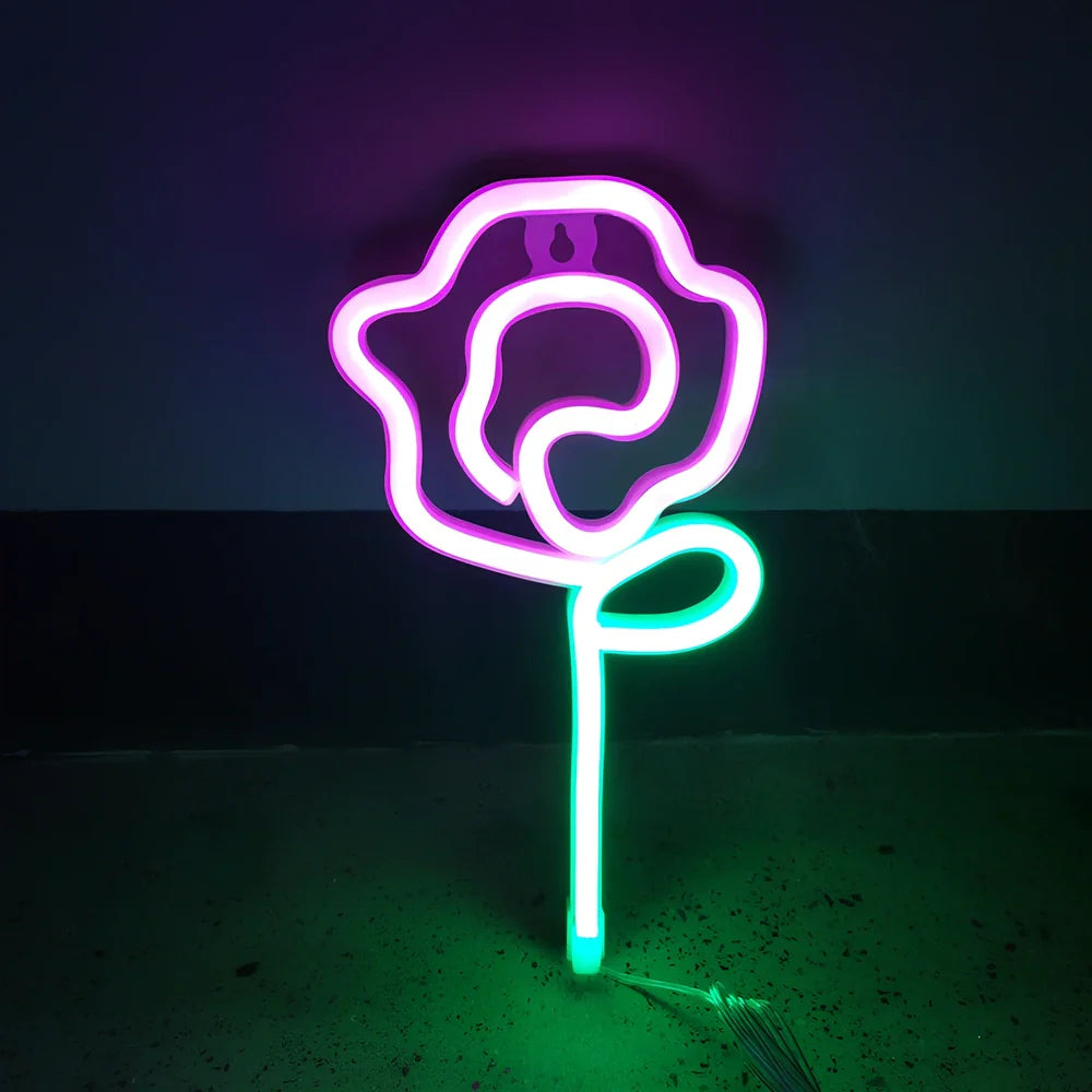 LED rose neon light with plastic shell measuring 14x28cm in multiple colour options for bedroom decoration