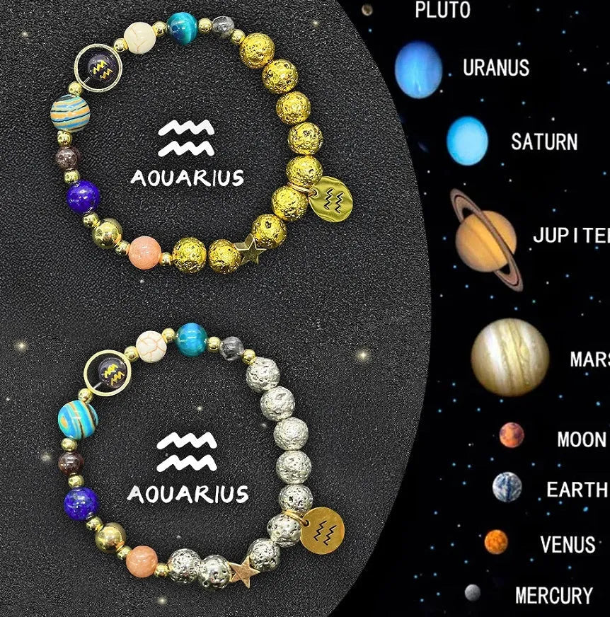 Two adjustable beaded bracelets with zodiac signs on natural stone beads, length 18-22cm