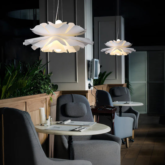 Nordic iron chandelier with PMMA lampshade in restaurant setting showing 40cm diameter