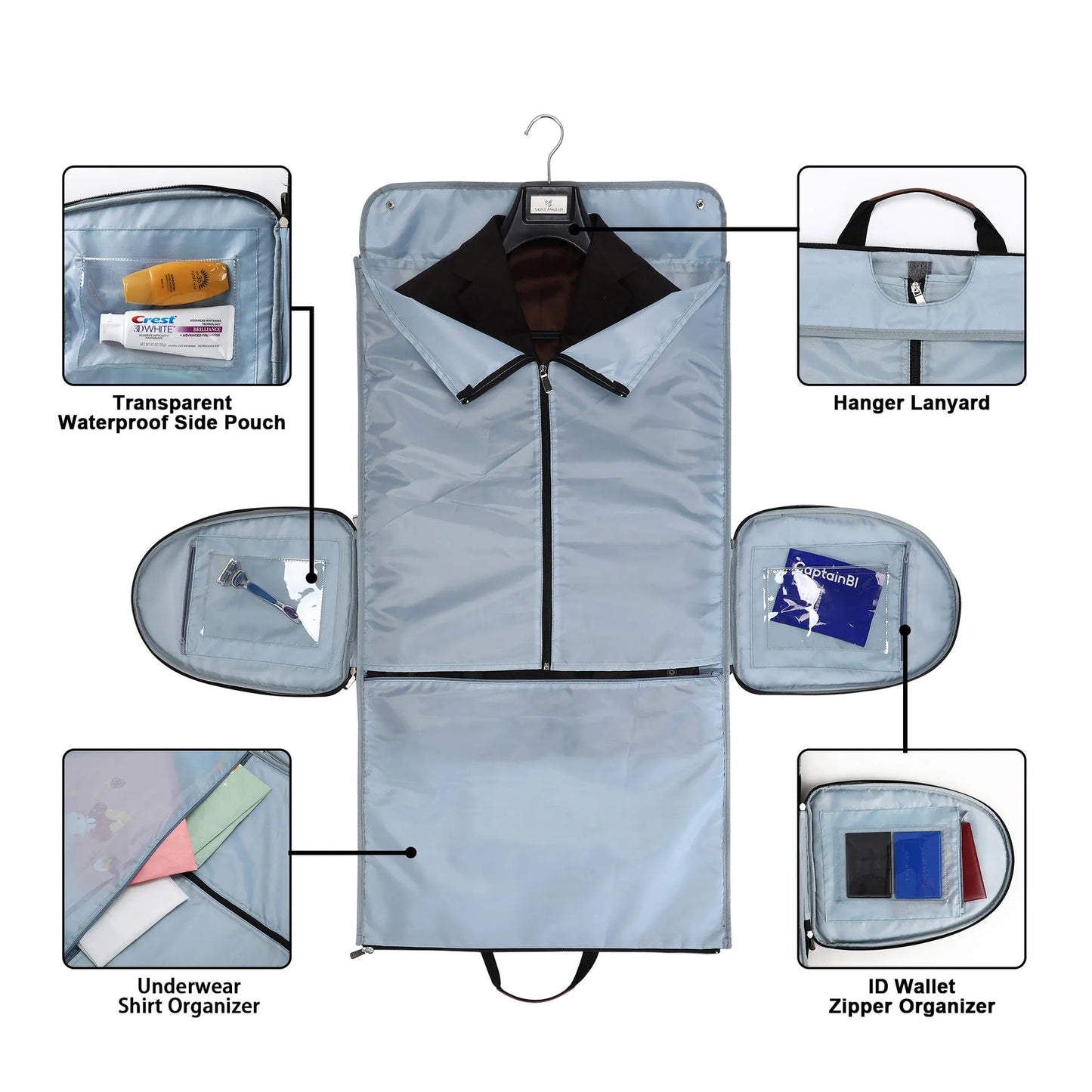 Dark blue folding duffel bag with carrying handles, shown open to display main compartment.